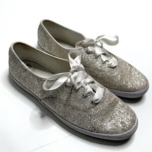 Keds Kate Spade Glitter Cream Low Sneakers Womens Size US 10 Ribbon Laces Bridal